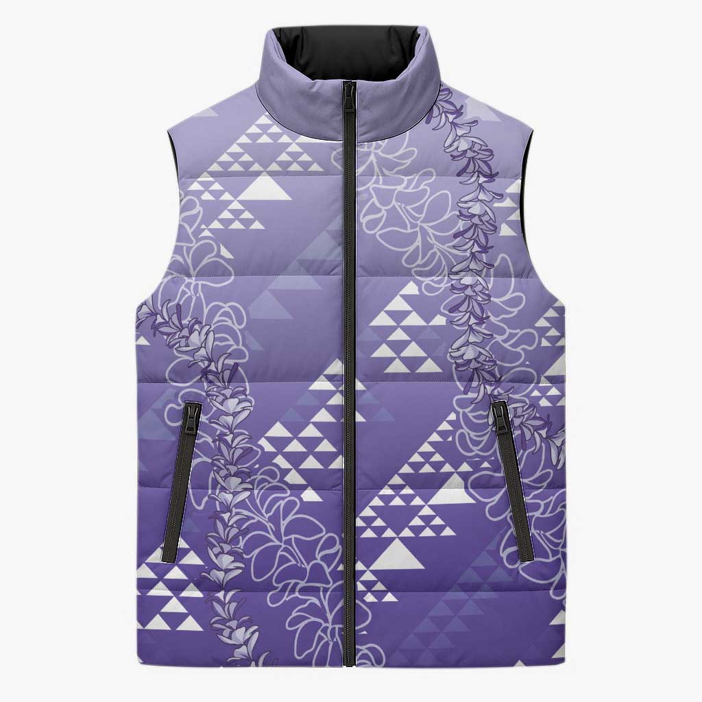 Hawaii Lavender Kapa Sleeveless Puffer Jacket Vintage 'Ohe Kāpala Motifs Mix Plumeria Leis