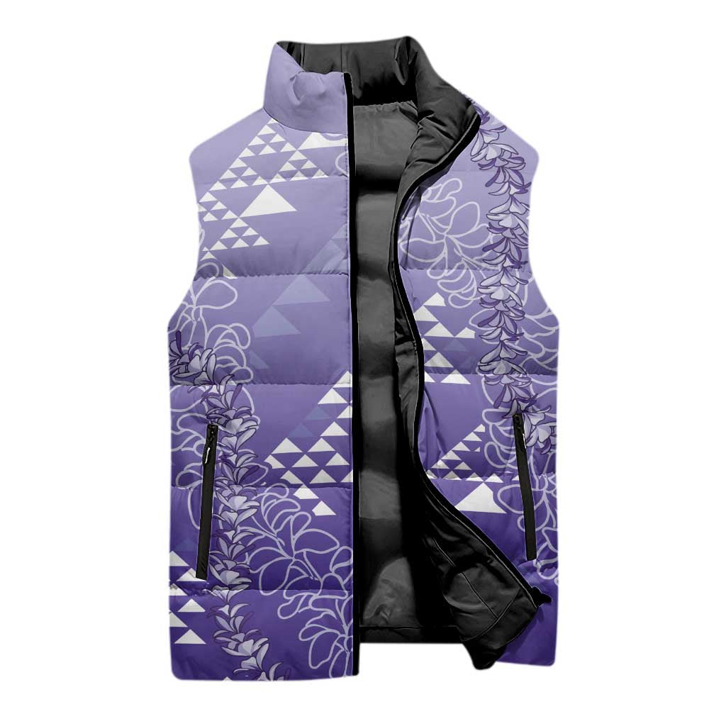 Hawaii Lavender Kapa Sleeveless Puffer Jacket Vintage 'Ohe Kāpala Motifs Mix Plumeria Leis