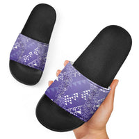 Hawaii Lavender Kapa Slide Sandals Vintage 'Ohe Kāpala Motifs Mix Plumeria Leis