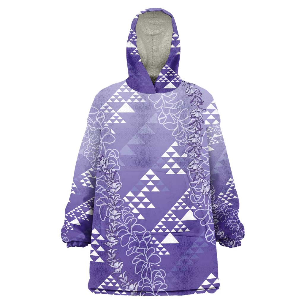 Hawaii Lavender Kapa Wearable Blanket Hoodie Vintage 'Ohe Kāpala Motifs Mix Plumeria Leis