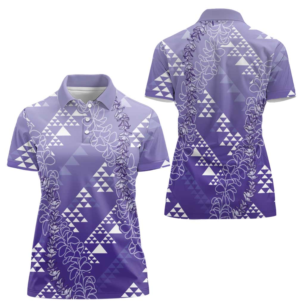 Hawaii Lavender Kapa Women Polo Shirt Vintage 'Ohe Kāpala Motifs Mix Plumeria Leis LT7 - Polynesian Pride