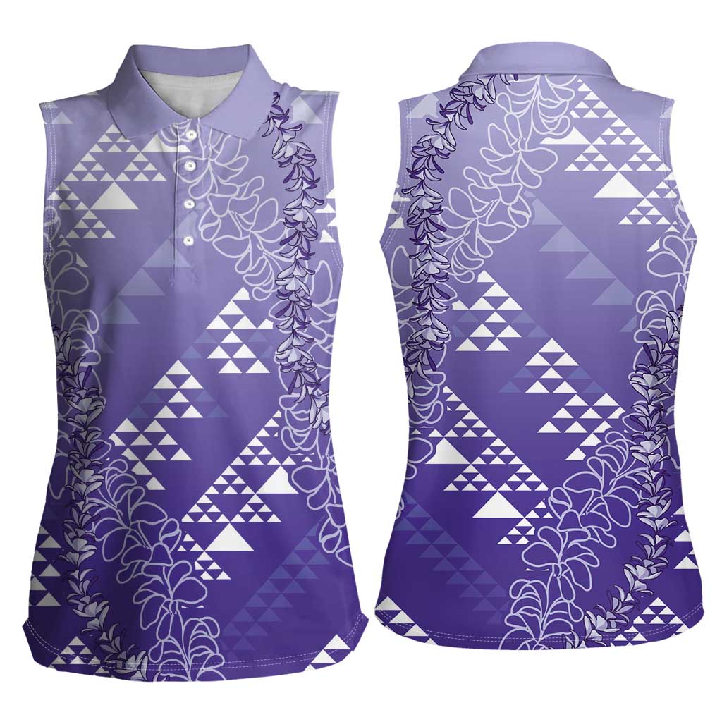 Hawaii Lavender Kapa Women Sleeveless Polo Shirt Vintage 'Ohe Kāpala Motifs Mix Plumeria Leis LT7 - Polynesian Pride