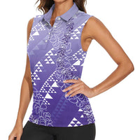 Hawaii Lavender Kapa Women Sleeveless Polo Shirt Vintage 'Ohe Kāpala Motifs Mix Plumeria Leis LT7 - Polynesian Pride