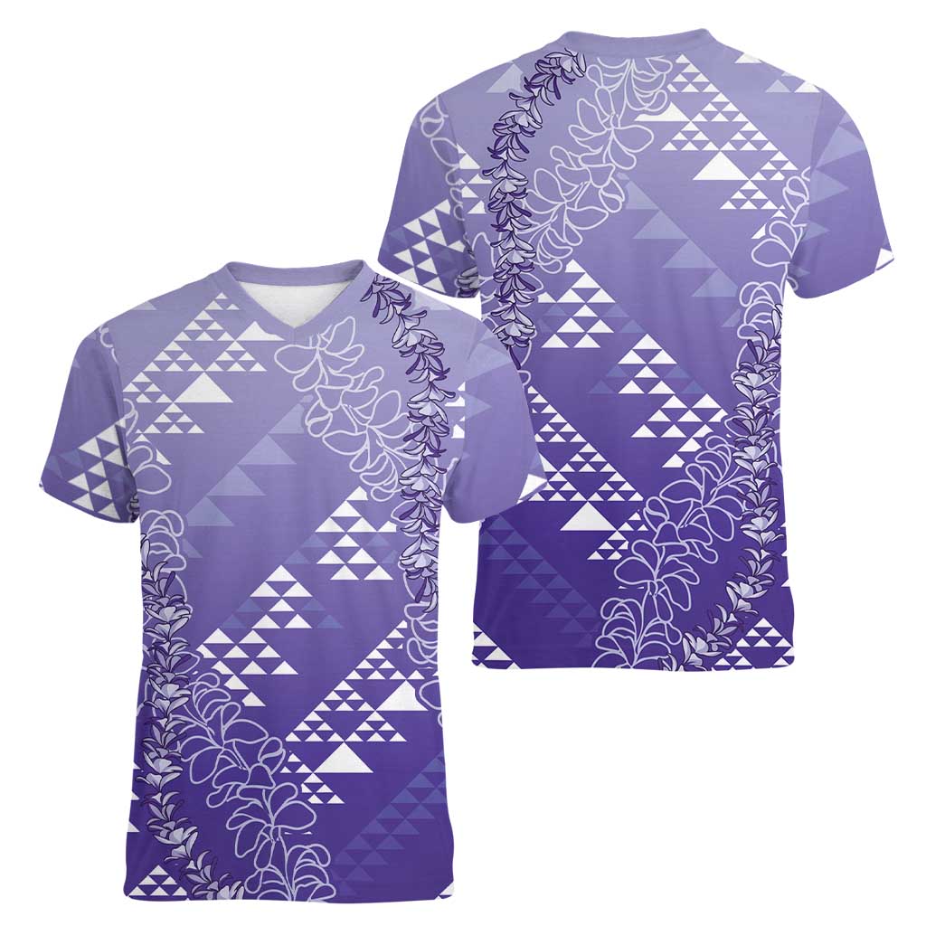 Hawaii Lavender Kapa Women V-Neck T-Shirt Vintage 'Ohe Kāpala Motifs Mix Plumeria Leis LT7 - Polynesian Pride