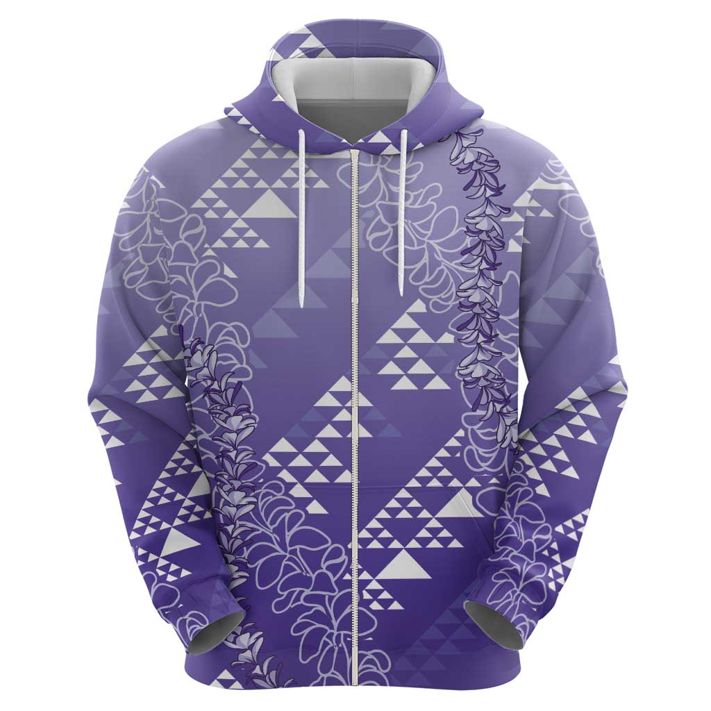 Hawaii Lavender Kapa Zip Hoodie Vintage 'Ohe Kāpala Motifs Mix Plumeria Leis