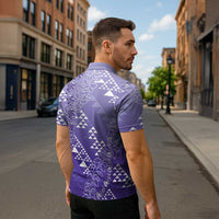 Hawaii Lavender Kapa Zipper Polo Shirt Vintage 'Ohe Kāpala Motifs Mix Plumeria Leis