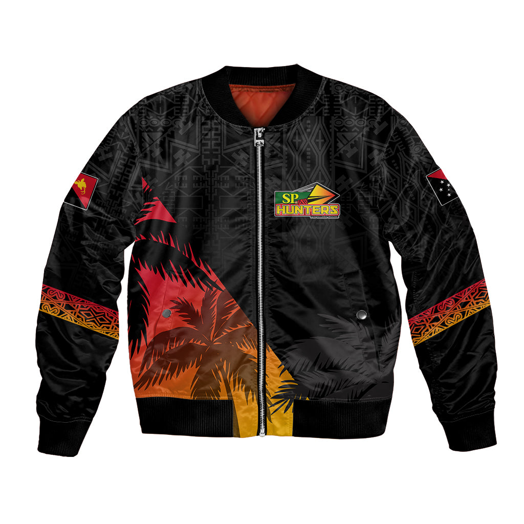 Personalised PNG Hunters Rugby Bomber Jacket Palm Trees Simple LT7 Unisex Black - Polynesian Pride