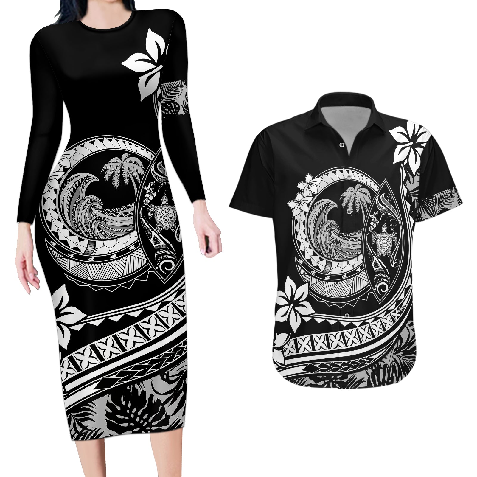 Polynesian Plumeria Couples Matching Long Sleeve Bodycon Dress and Hawaiian Shirt Ride The Waves - Black LT7 Black - Polynesian Pride