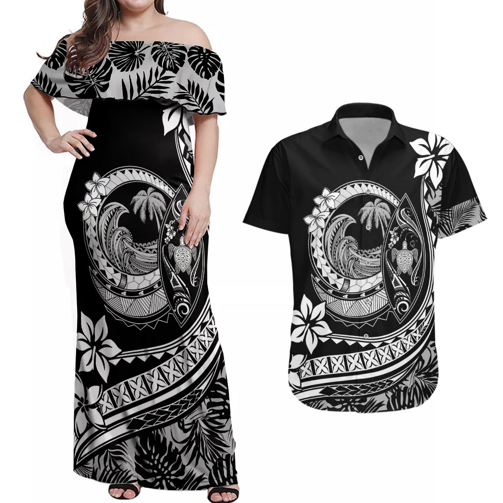 Polynesian Plumeria Couples Matching Off Shoulder Maxi Dress and Hawaiian Shirt Ride The Waves - Black LT7 Black - Polynesian Pride