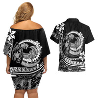 Polynesian Plumeria Couples Matching Off Shoulder Short Dress and Hawaiian Shirt Ride The Waves - Black LT7 - Polynesian Pride