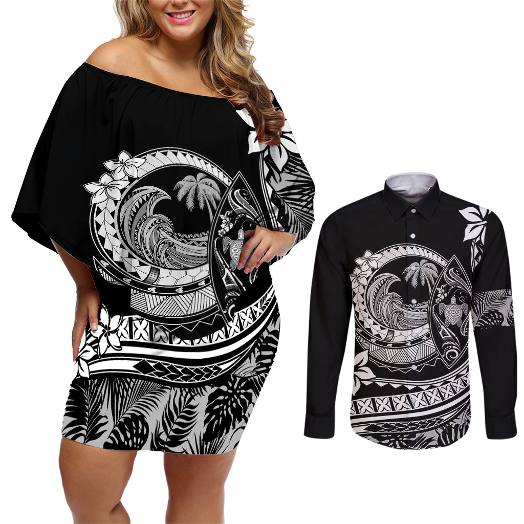 Polynesian Plumeria Couples Matching Off Shoulder Short Dress and Long Sleeve Button Shirts Ride The Waves - Black LT7 Black - Polynesian Pride
