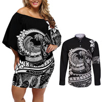 Polynesian Plumeria Couples Matching Off Shoulder Short Dress and Long Sleeve Button Shirts Ride The Waves - Black LT7 Black - Polynesian Pride