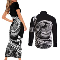 Polynesian Plumeria Couples Matching Short Sleeve Bodycon Dress and Long Sleeve Button Shirts Ride The Waves - Black LT7 - Polynesian Pride