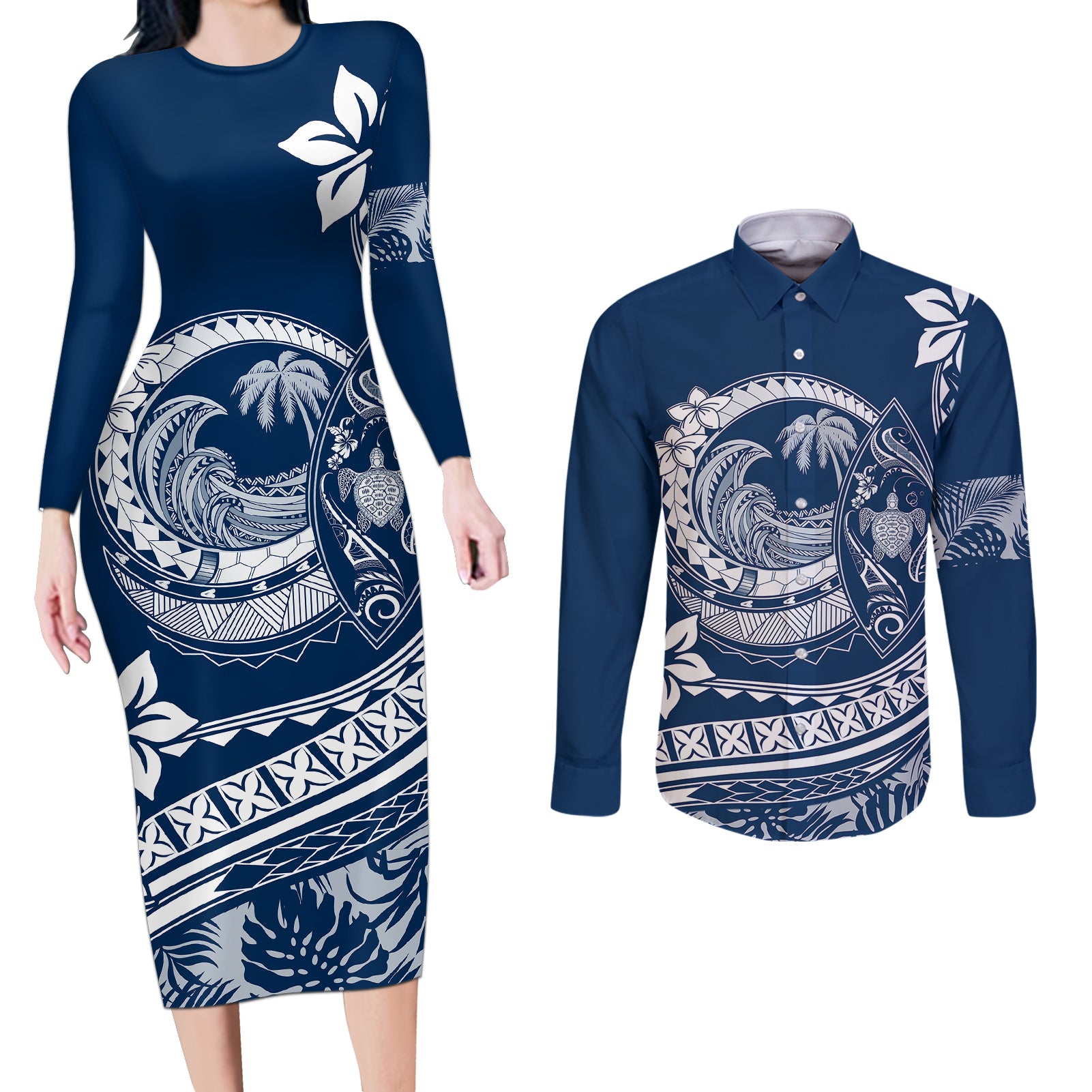 Polynesian Plumeria Couples Matching Long Sleeve Bodycon Dress and Long Sleeve Button Shirts Ride The Waves - Navy Blue LT7 Navy Blue - Polynesian Pride