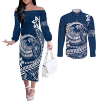 Polynesian Plumeria Couples Matching Off The Shoulder Long Sleeve Dress and Long Sleeve Button Shirts Ride The Waves - Navy Blue LT7 Navy Blue - Polynesian Pride