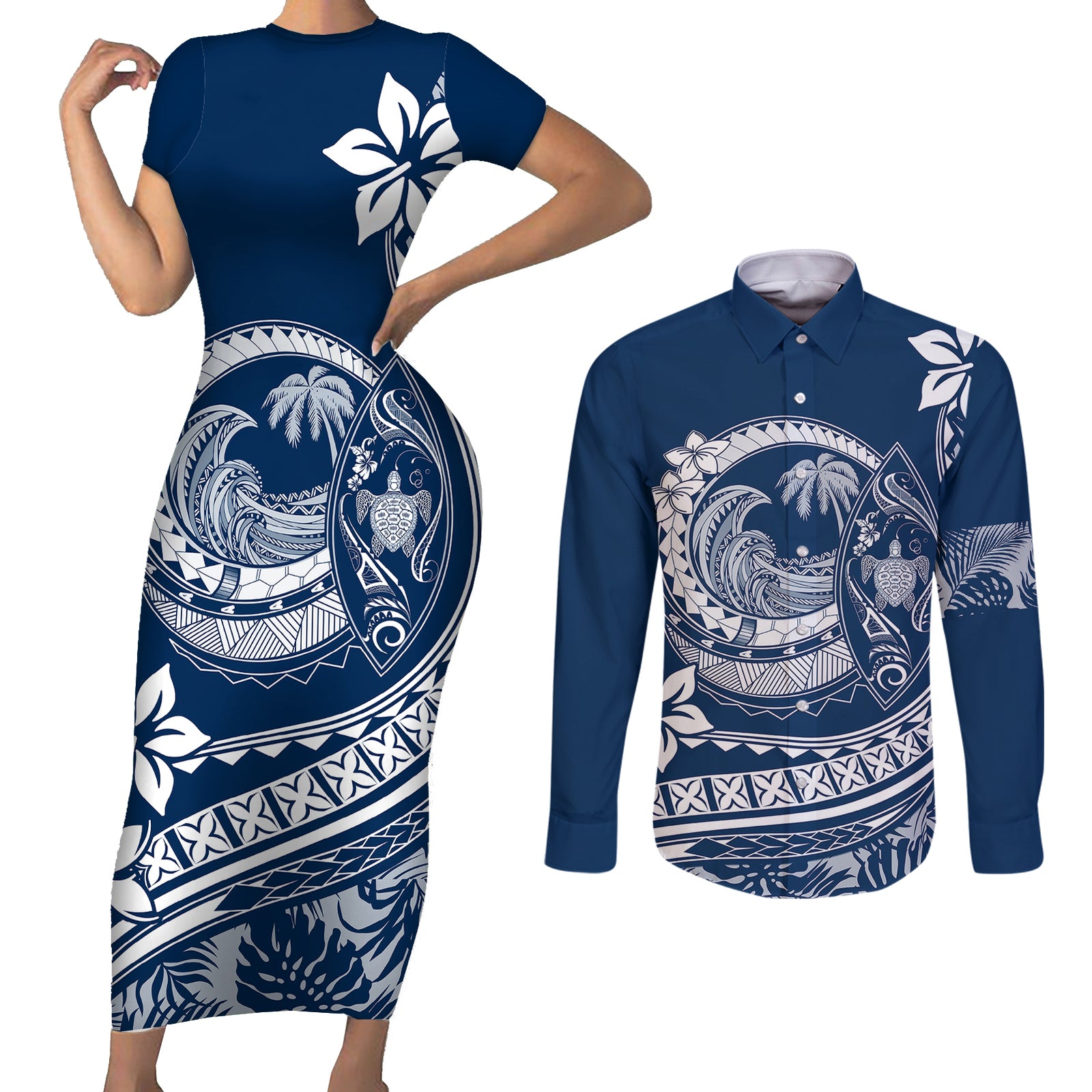 Polynesian Plumeria Couples Matching Short Sleeve Bodycon Dress and Long Sleeve Button Shirts Ride The Waves - Navy Blue LT7 Navy Blue - Polynesian Pride