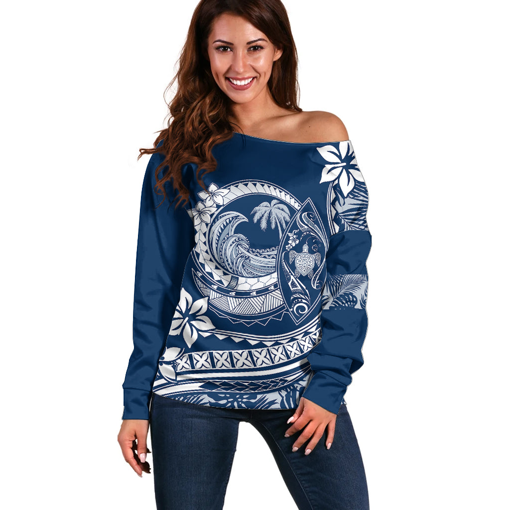 Polynesian Plumeria Off Shoulder Sweater Ride The Waves - Navy Blue LT7 Women Navy Blue - Polynesian Pride