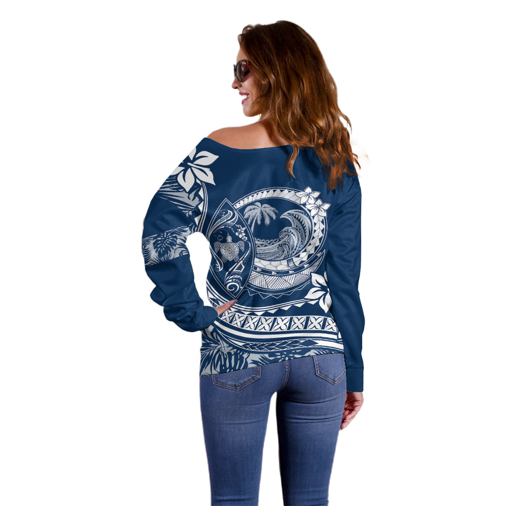 Polynesian Plumeria Off Shoulder Sweater Ride The Waves - Navy Blue LT7 - Polynesian Pride
