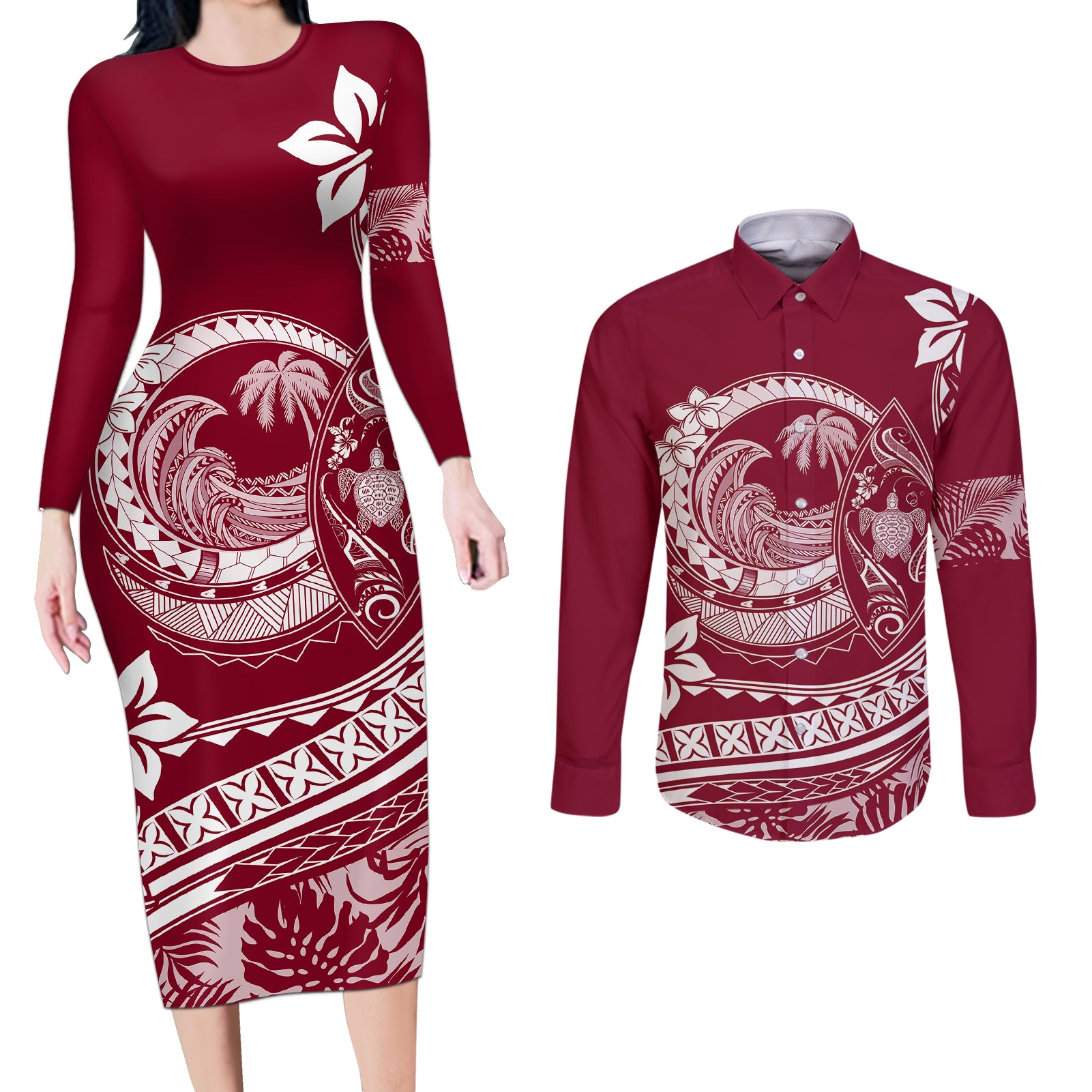 Polynesian Plumeria Couples Matching Long Sleeve Bodycon Dress and Long Sleeve Button Shirts Ride The Waves - Burgundy LT7 Burgundy - Polynesian Pride