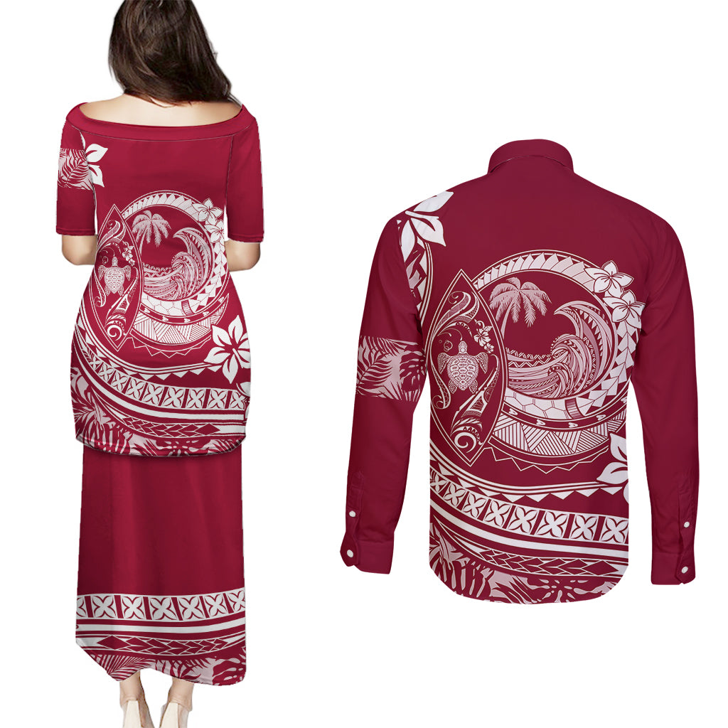 Polynesian Plumeria Couples Matching Puletasi Dress and Long Sleeve Button Shirts Ride The Waves - Burgundy LT7 - Polynesian Pride