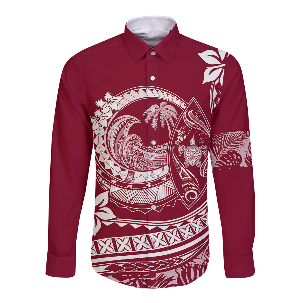 Polynesian Plumeria Long Sleeve Button Shirt Ride The Waves - Burgundy LT7 Unisex Burgundy - Polynesian Pride