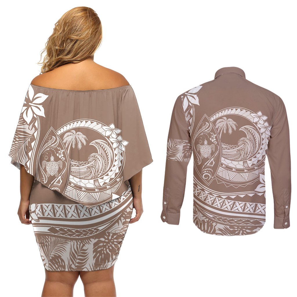 Polynesian Plumeria Couples Matching Off Shoulder Short Dress and Long Sleeve Button Shirts Ride The Waves - Beige LT7 - Polynesian Pride