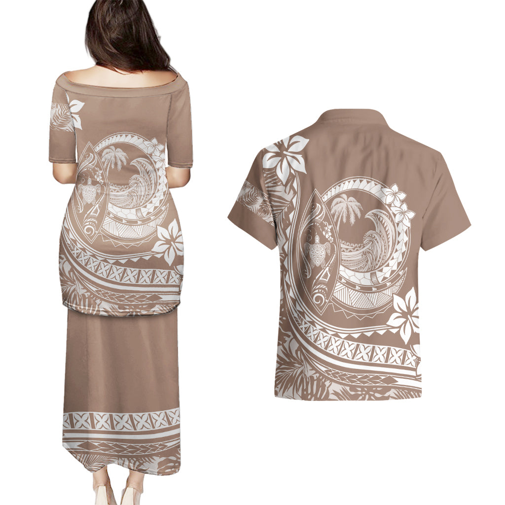 Polynesian Plumeria Couples Matching Puletasi Dress and Hawaiian Shirt Ride The Waves - Beige LT7 - Polynesian Pride