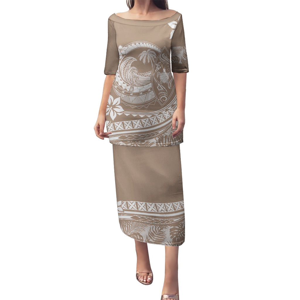 Polynesian Plumeria Puletasi Ride The Waves - Beige LT7 Long Dress Beige - Polynesian Pride