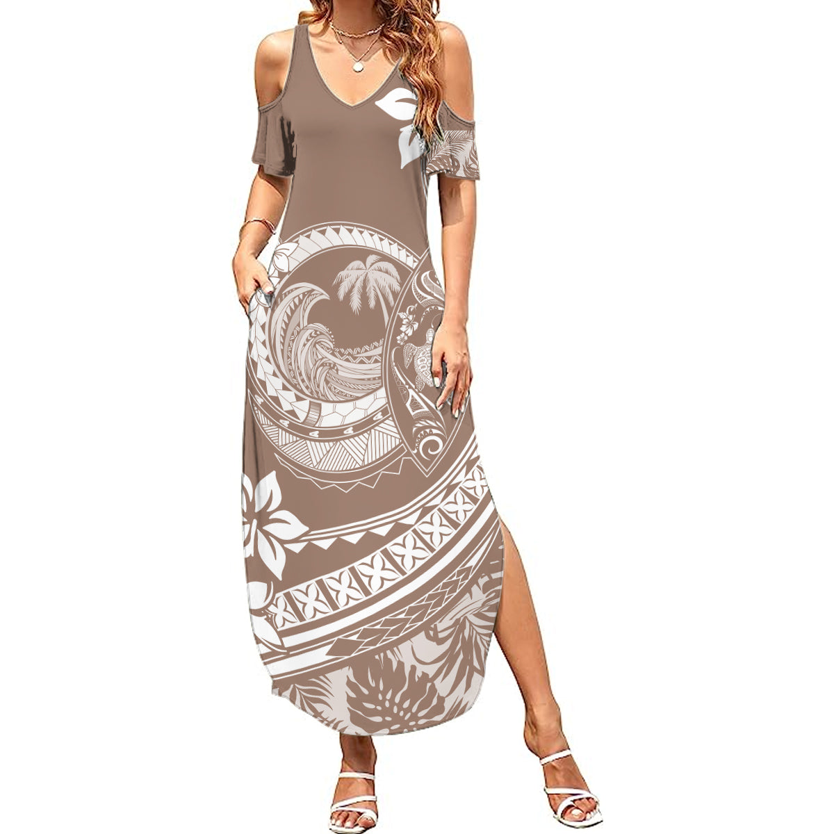 Polynesian Plumeria Summer Maxi Dress Ride The Waves - Beige LT7 Women Beige - Polynesian Pride