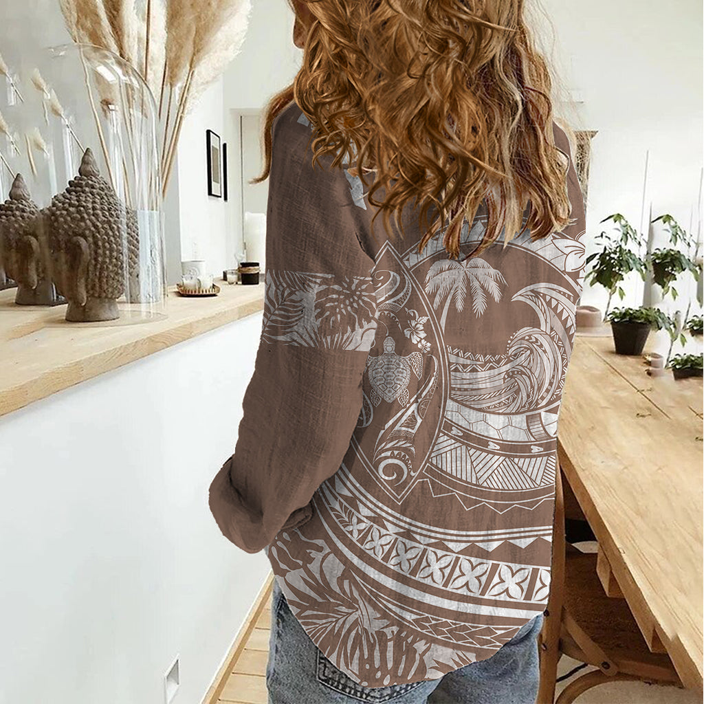 Polynesian Plumeria Women Casual Shirt Ride The Waves - Beige LT7 - Polynesian Pride