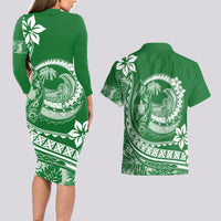 Polynesian Plumeria Couples Matching Long Sleeve Bodycon Dress and Hawaiian Shirt Ride The Waves - Green LT7 - Polynesian Pride