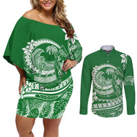 Polynesian Plumeria Couples Matching Off Shoulder Short Dress and Long Sleeve Button Shirts Ride The Waves - Green LT7 Green - Polynesian Pride
