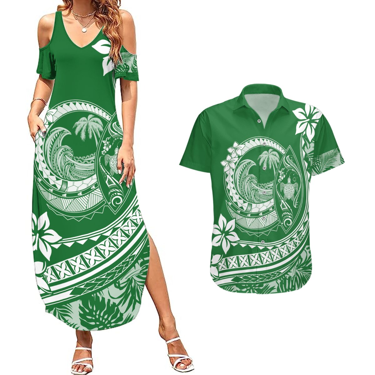Polynesian Plumeria Couples Matching Summer Maxi Dress and Hawaiian Shirt Ride The Waves - Green LT7 Green - Polynesian Pride