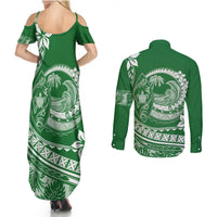 Polynesian Plumeria Couples Matching Summer Maxi Dress and Long Sleeve Button Shirts Ride The Waves - Green LT7 - Polynesian Pride