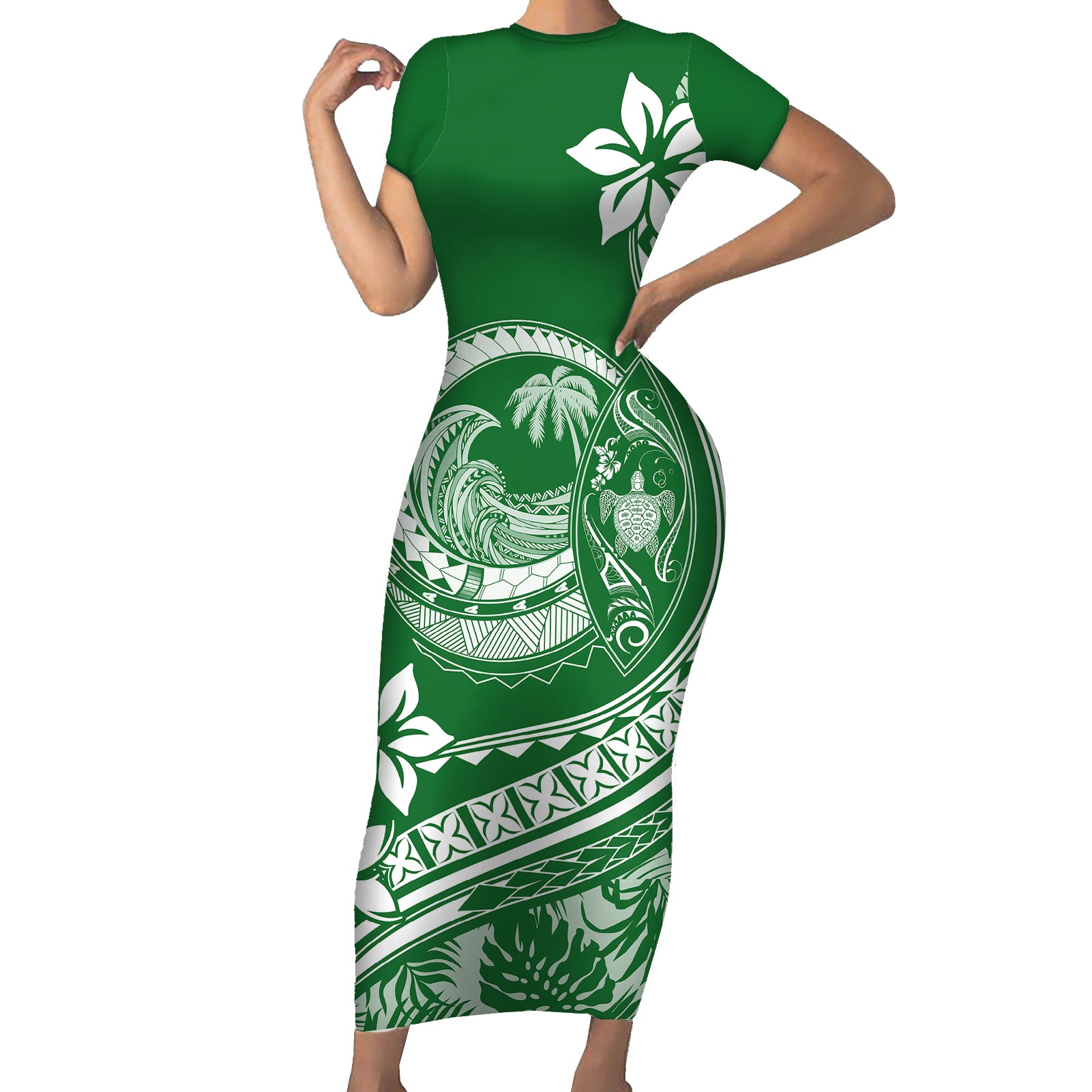 Polynesian Plumeria Short Sleeve Bodycon Dress Ride The Waves - Green LT7 Long Dress Green - Polynesian Pride