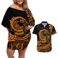Polynesian Plumeria Couples Matching Off Shoulder Short Dress and Hawaiian Shirt Ride The Waves - Orange LT7 Orange - Polynesian Pride