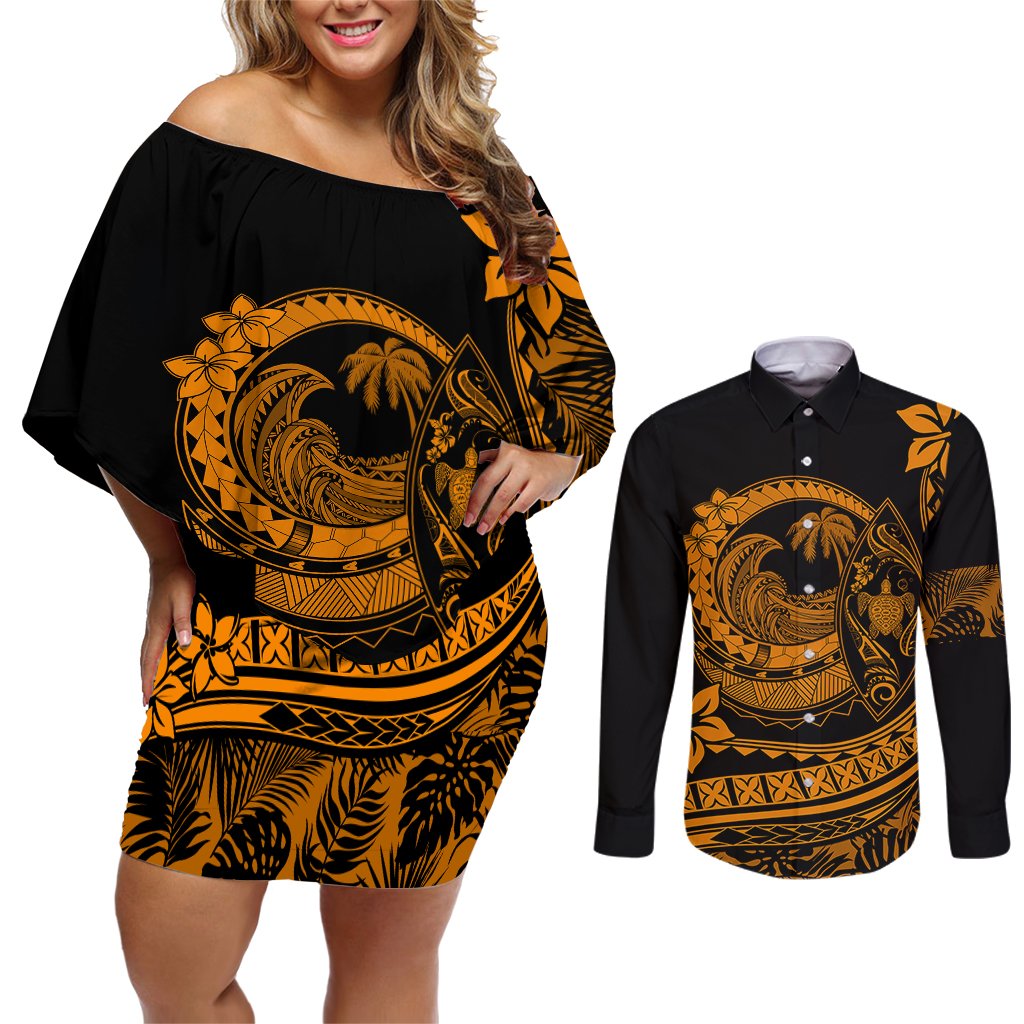 Polynesian Plumeria Couples Matching Off Shoulder Short Dress and Long Sleeve Button Shirts Ride The Waves - Orange LT7 Orange - Polynesian Pride
