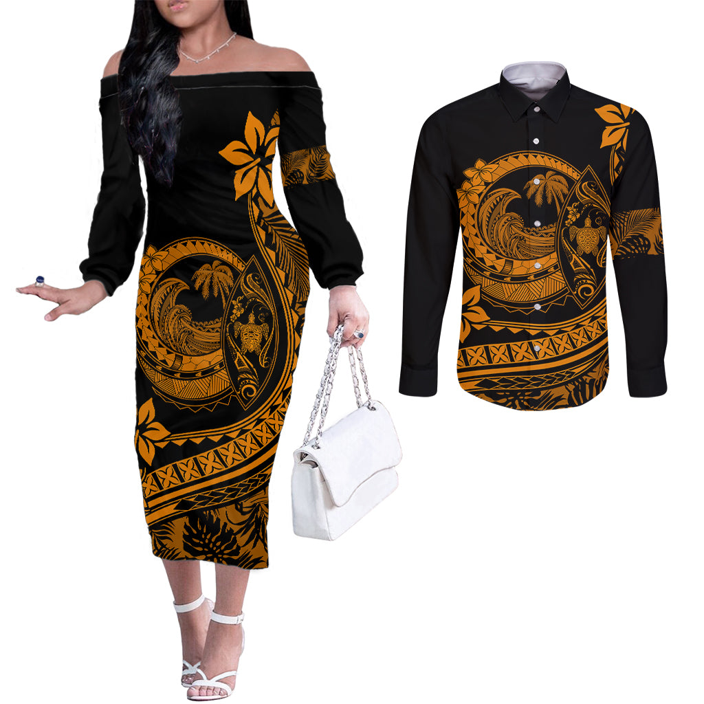 Polynesian Plumeria Couples Matching Off The Shoulder Long Sleeve Dress and Long Sleeve Button Shirts Ride The Waves - Orange LT7 Orange - Polynesian Pride
