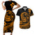 Polynesian Plumeria Couples Matching Short Sleeve Bodycon Dress and Hawaiian Shirt Ride The Waves - Orange LT7