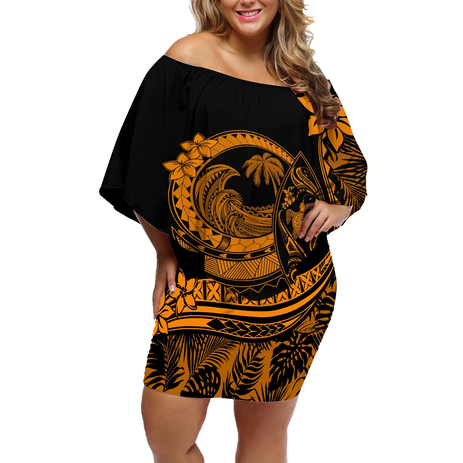 Polynesian Plumeria Off Shoulder Short Dress Ride The Waves - Orange LT7 Women Orange - Polynesian Pride