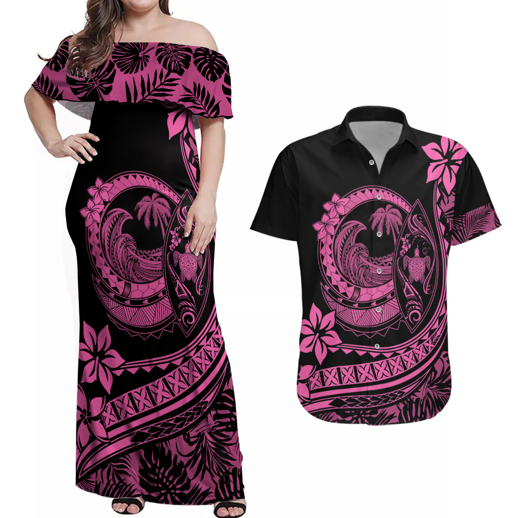 Polynesian Plumeria Couples Matching Off Shoulder Maxi Dress and Hawaiian Shirt Ride The Waves - Pink LT7 Pink - Polynesian Pride