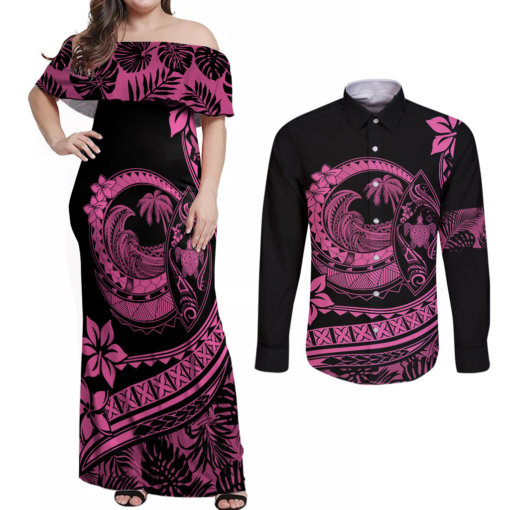 Polynesian Plumeria Couples Matching Off Shoulder Maxi Dress and Long Sleeve Button Shirts Ride The Waves - Pink LT7 Pink - Polynesian Pride