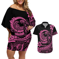 Polynesian Plumeria Couples Matching Off Shoulder Short Dress and Hawaiian Shirt Ride The Waves - Pink LT7 Pink - Polynesian Pride