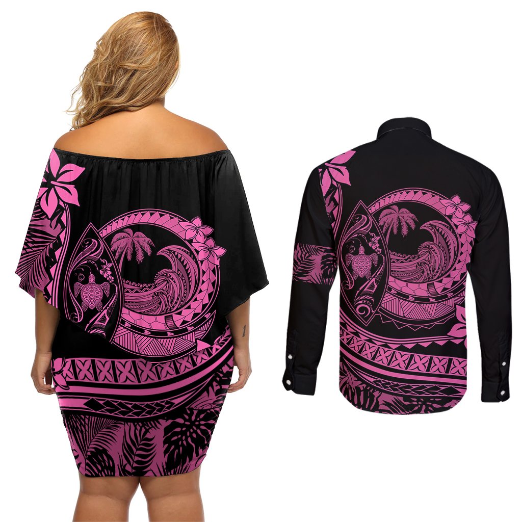 Polynesian Plumeria Couples Matching Off Shoulder Short Dress and Long Sleeve Button Shirts Ride The Waves - Pink LT7 - Polynesian Pride