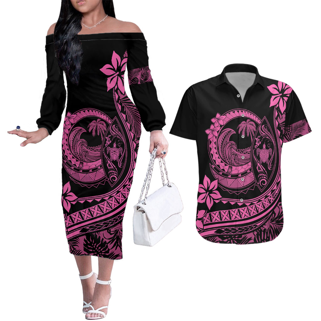 Polynesian Plumeria Couples Matching Off The Shoulder Long Sleeve Dress and Hawaiian Shirt Ride The Waves - Pink LT7 Pink - Polynesian Pride