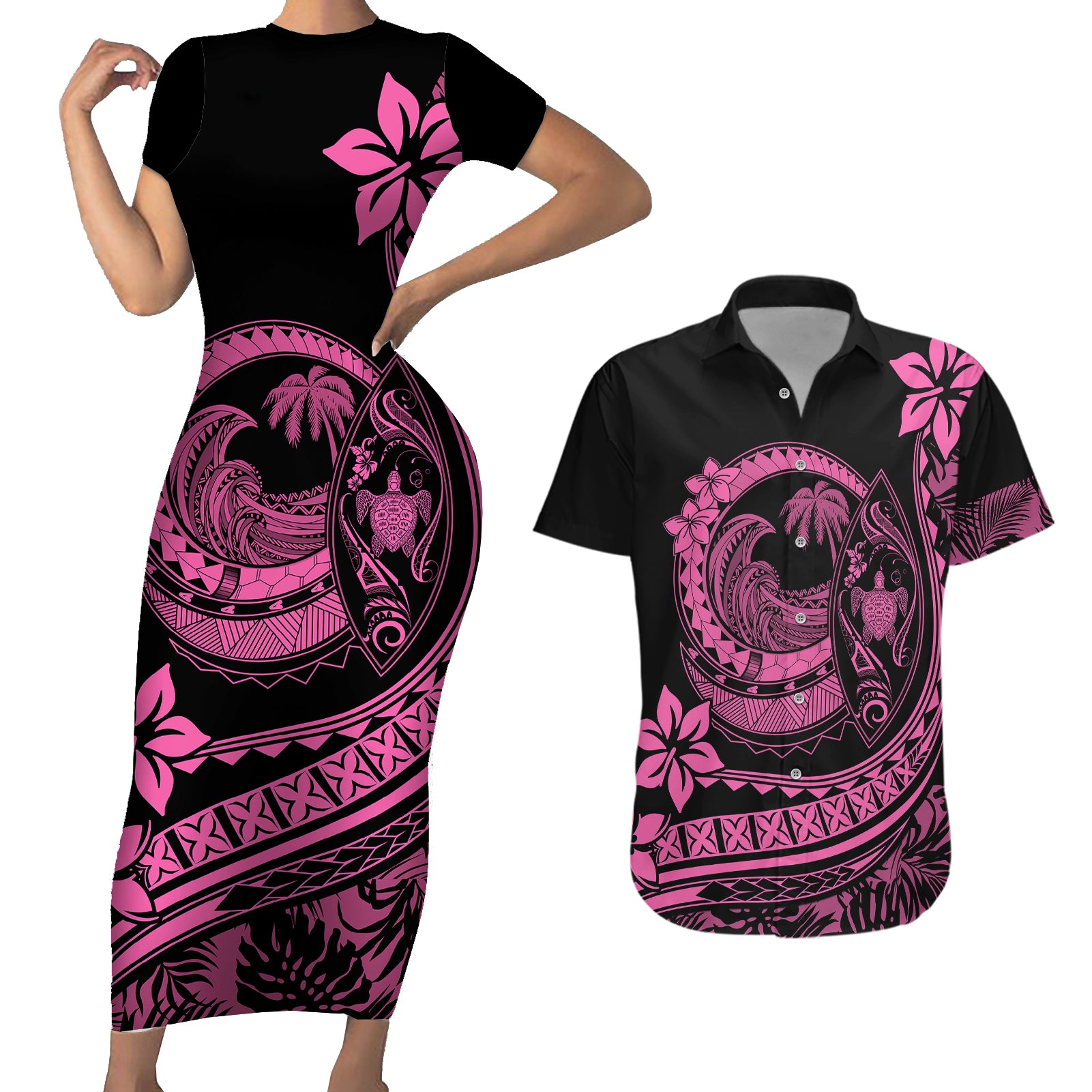 Polynesian Plumeria Couples Matching Short Sleeve Bodycon Dress and Hawaiian Shirt Ride The Waves - Pink LT7 Pink - Polynesian Pride