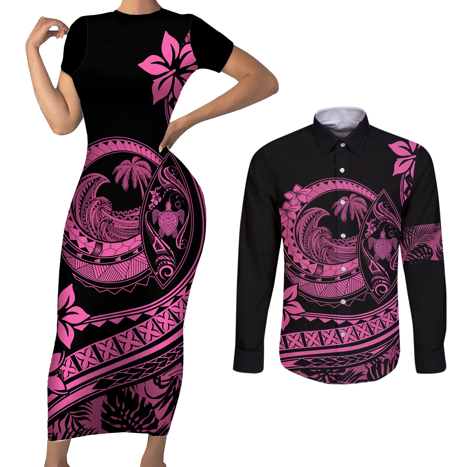 Polynesian Plumeria Couples Matching Short Sleeve Bodycon Dress and Long Sleeve Button Shirts Ride The Waves - Pink LT7 Pink - Polynesian Pride