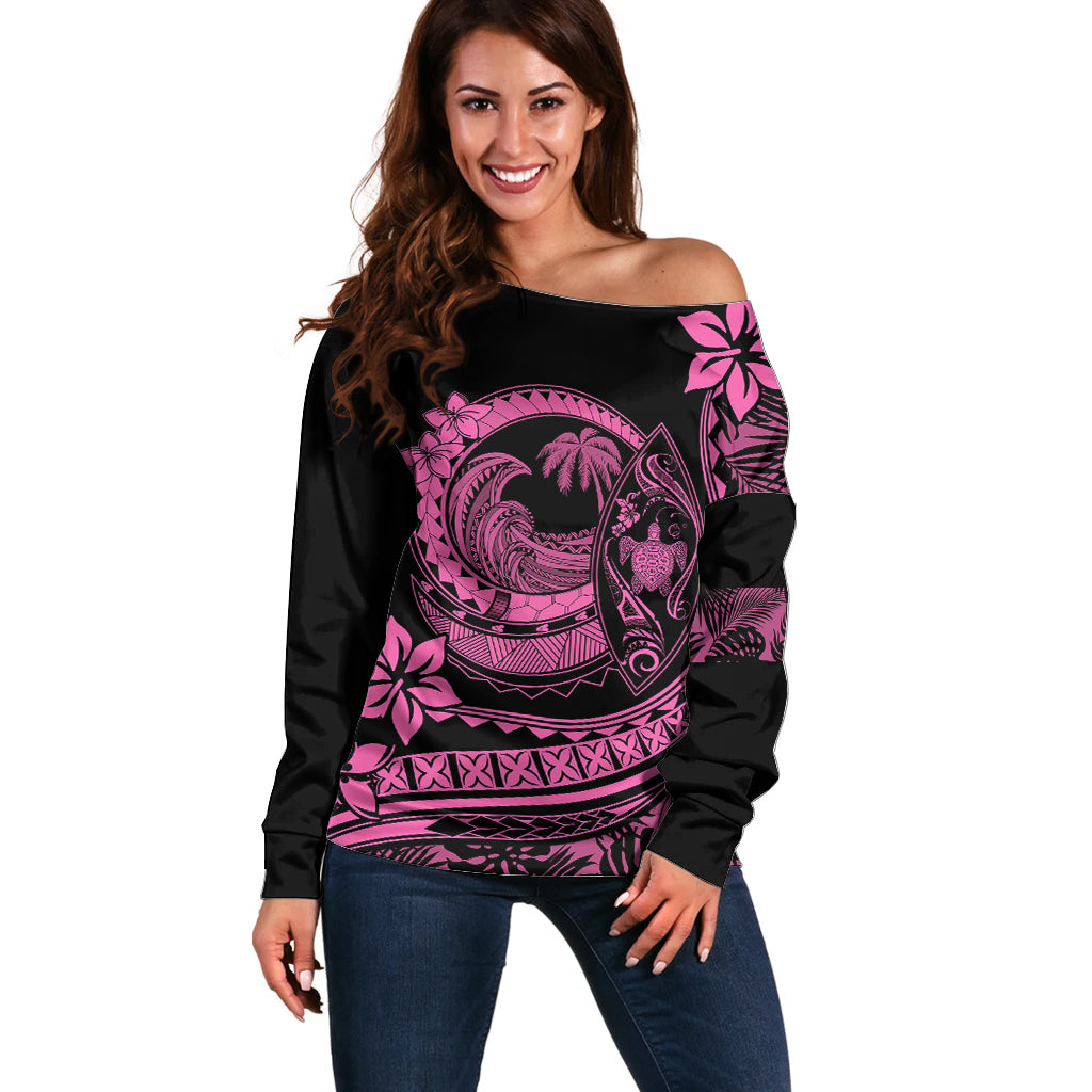 Polynesian Plumeria Off Shoulder Sweater Ride The Waves - Pink LT7 Women Pink - Polynesian Pride