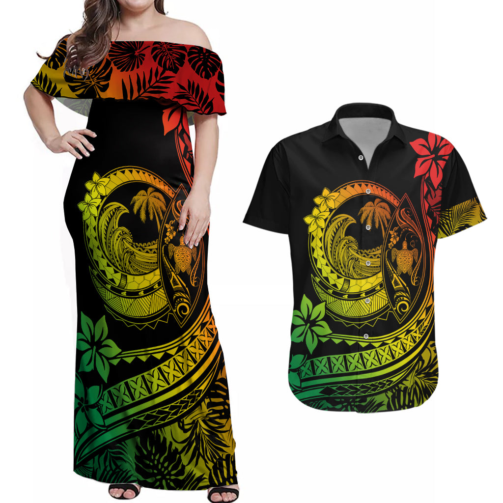 Polynesian Plumeria Couples Matching Off Shoulder Maxi Dress and Hawaiian Shirt Ride The Waves - Reggae LT7 Reggae - Polynesian Pride