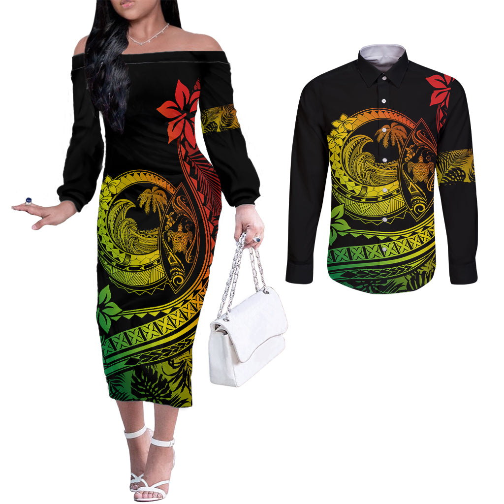 Polynesian Plumeria Couples Matching Off The Shoulder Long Sleeve Dress and Long Sleeve Button Shirts Ride The Waves - Reggae LT7 Reggae - Polynesian Pride